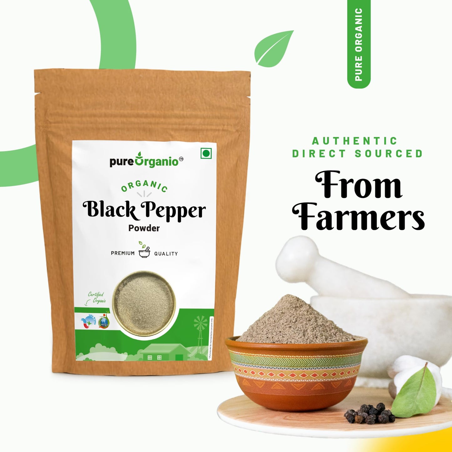 Pure Organio Organic Black Pepper Powder Kali Mirch Powder for Cooking, Salad Dressing, Vegetables - Fresh Ground Organic Spice NPOP Organic Certified (100 Gm)