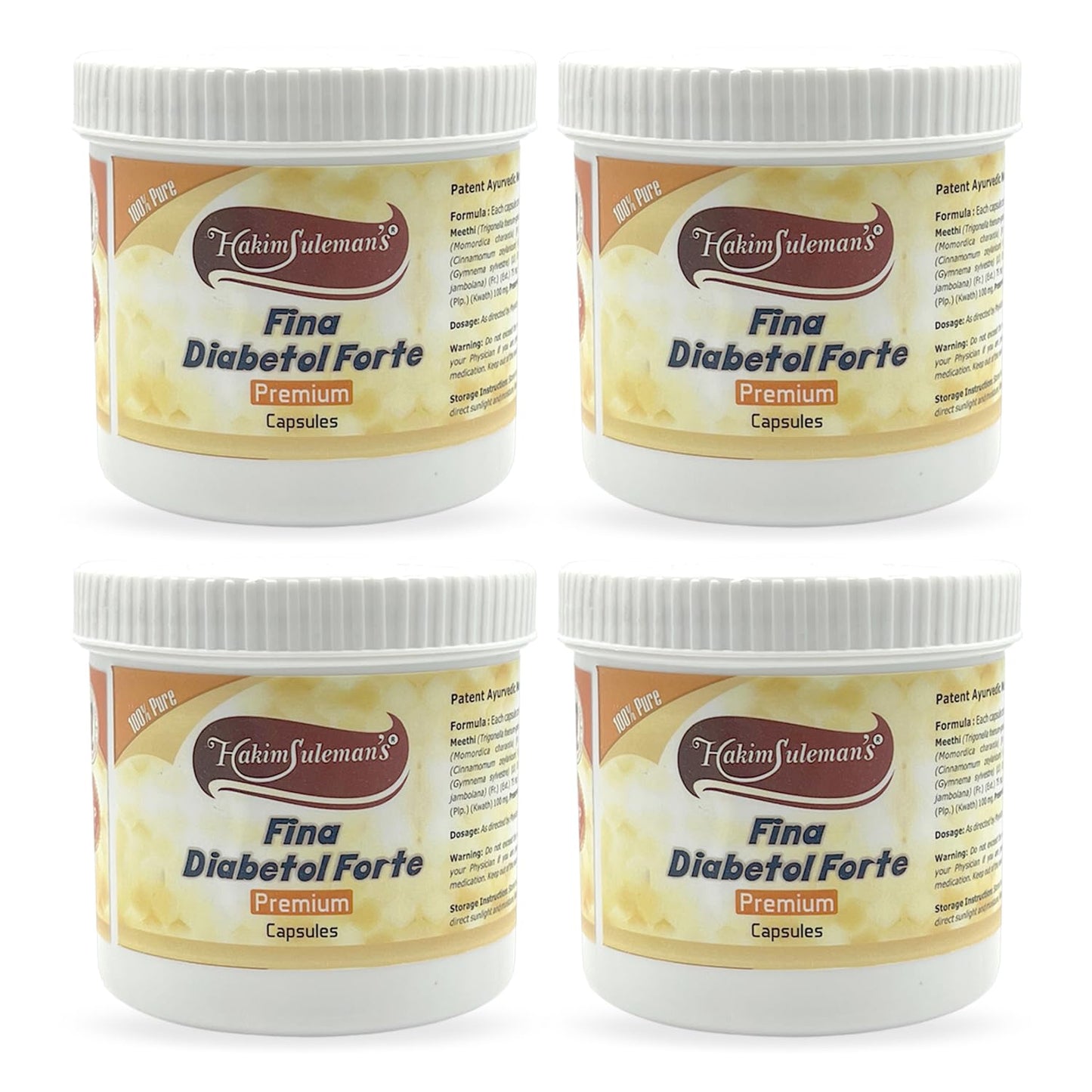 Hakim Suleman's Fina Diabetol Forte Premium Capsules – Herbal Support for Metabolism & Energy, Natural Supplement for Wellness - 60 Capsules Each (Pack of 4)