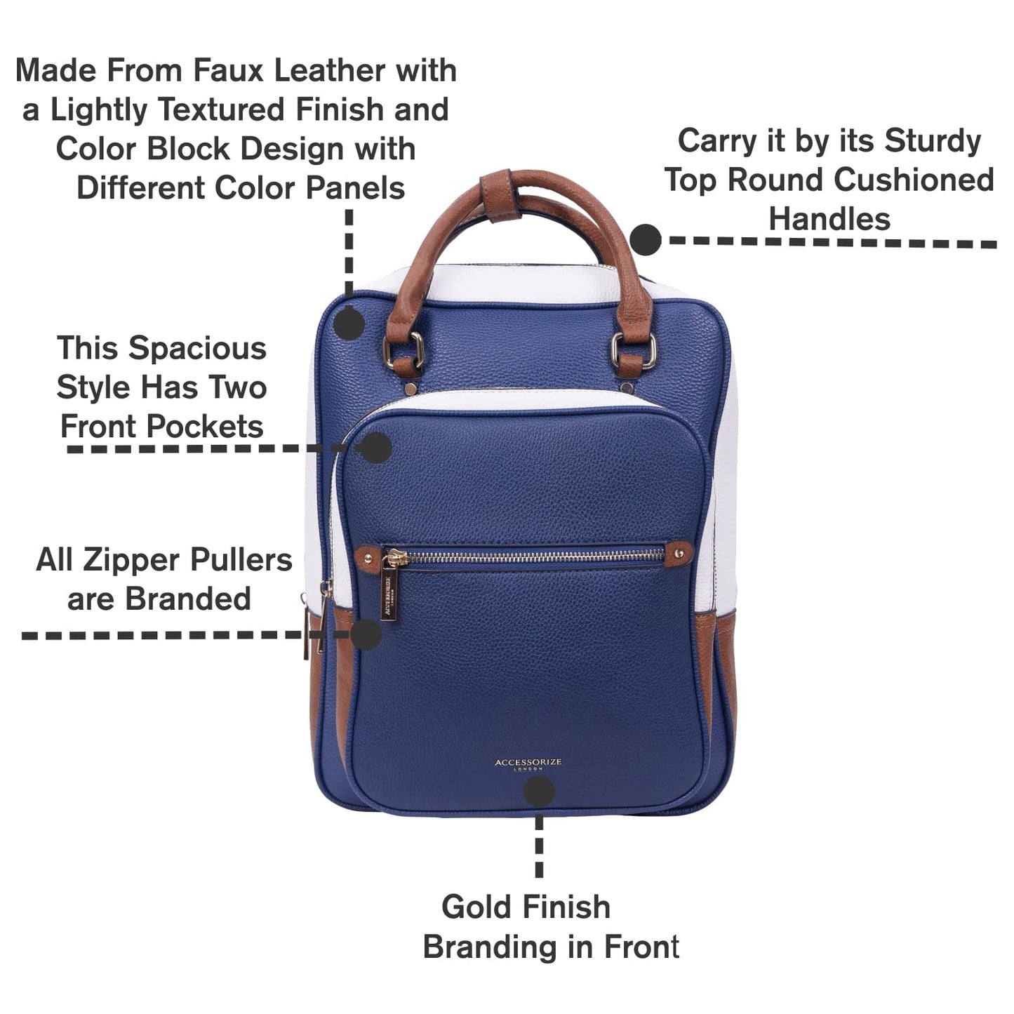 Accessorize London Women's Navy Harrie Vegan Backpack| backpack bags for women stylish |Work bag for woman |women latest Office/Travel bag
