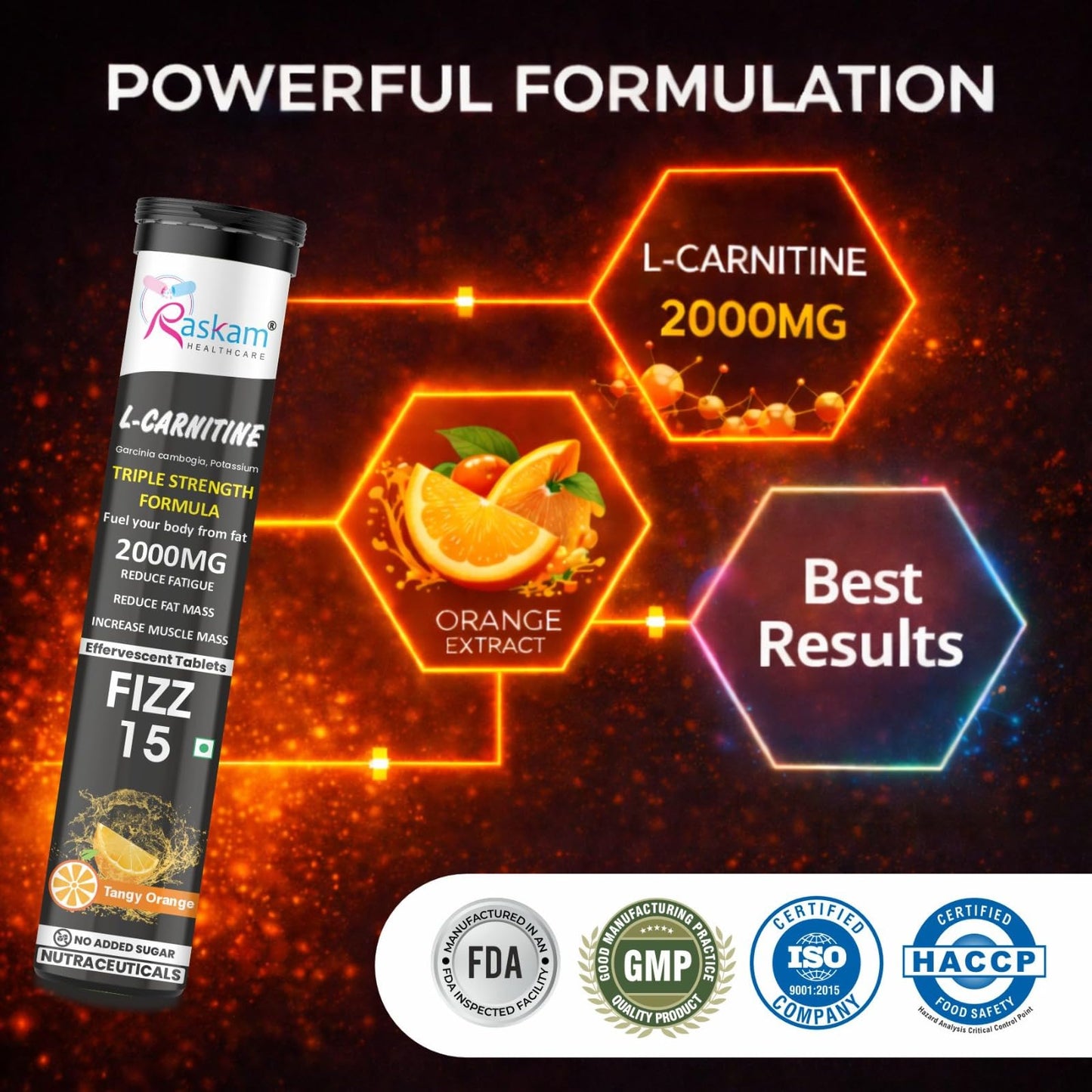 Raskam L-Carnitine effervescent tablets Helps Convert Fat Into Energy, Supports Weight Loss, Fat Burn & Lean Muscle|Orange Flavour (Pack of 1)