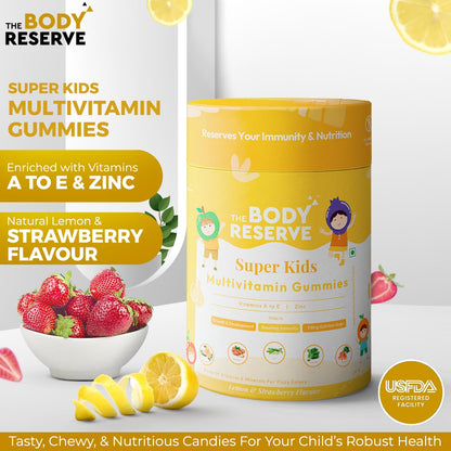 The Body Reserve's Super Kids Multivitamin Gummies Daily Essential Vitamins B C D E B12 & Zinc for Kids Growth, Development, Strong Bones, Teeth & Immunity Lemon and Strawberry Flavoured 30 Gummies