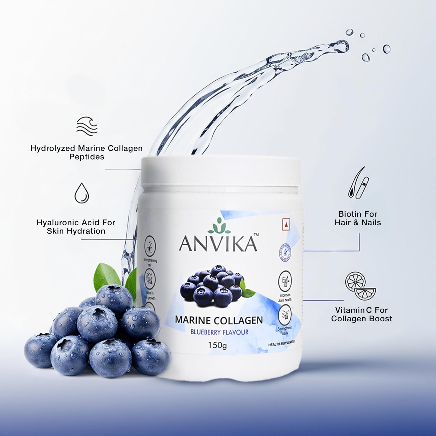 Marine Collagen Peptides Supplement, Blueberry Flavour, 150g