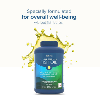 GNC Triple Strength Fish Oil 1500mg Omega-3 with 900mg EPA & DHA | 240 Softgels | For Heart, Healthy Cholesterol, Joint Comfort, Focus & Vision | Enteric-Coated for No Fishy Aftertaste |USA Formulated