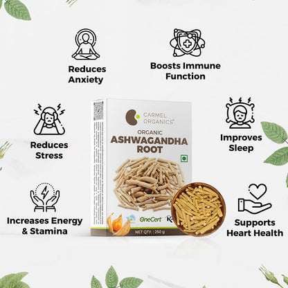 CARMEL ORGANICS Ashwagandha Root Whole (250 g) | Jaivik Bharat Certified | Helps Fight Anxiety and Stress | Withania Somnifera | Non-GMO | No added Preservatives