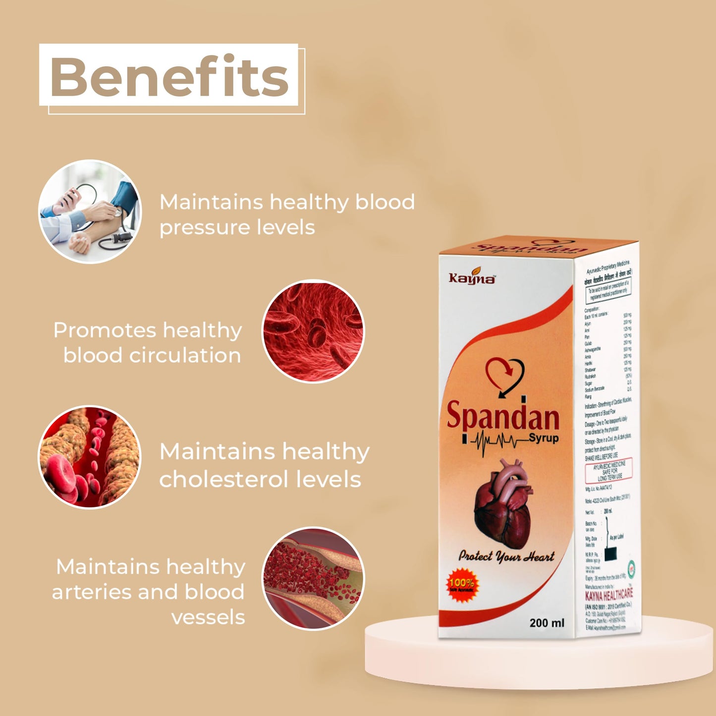 KAYNA HEALTHCARE Spandan Syrup & Capsule Combo | Ayurvedic Heart Health Supplement | Supports Healthy Blood Circulation, Reduces Stress & Promotes Cardiac Wellness | Herbal Nutritional Care