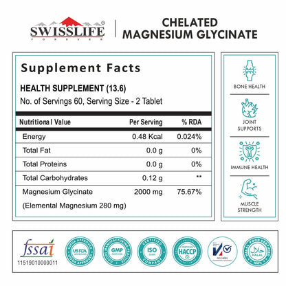 SWISSLIFE FOREVER Magnesium Glycinate Tablets | Chelated Magnesium Glycinate | Dietary Tablets with Mineral and Amino acid (Magnesium Glycinate) Help in Bone health for Men & Women (Pack of 1)