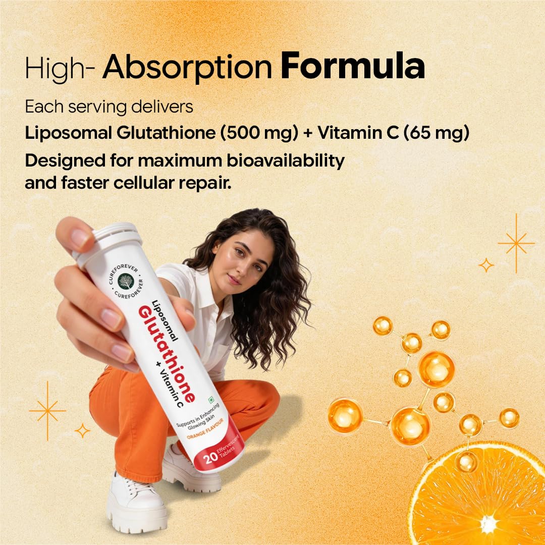 CUREFOREVER Glutathione Effervescent Tablets, 40 Tablets with Vitamin C, Liposomal Glutathione 500mg for Antioxidant Support, Skin Glow & Radiance Support, Detox Support