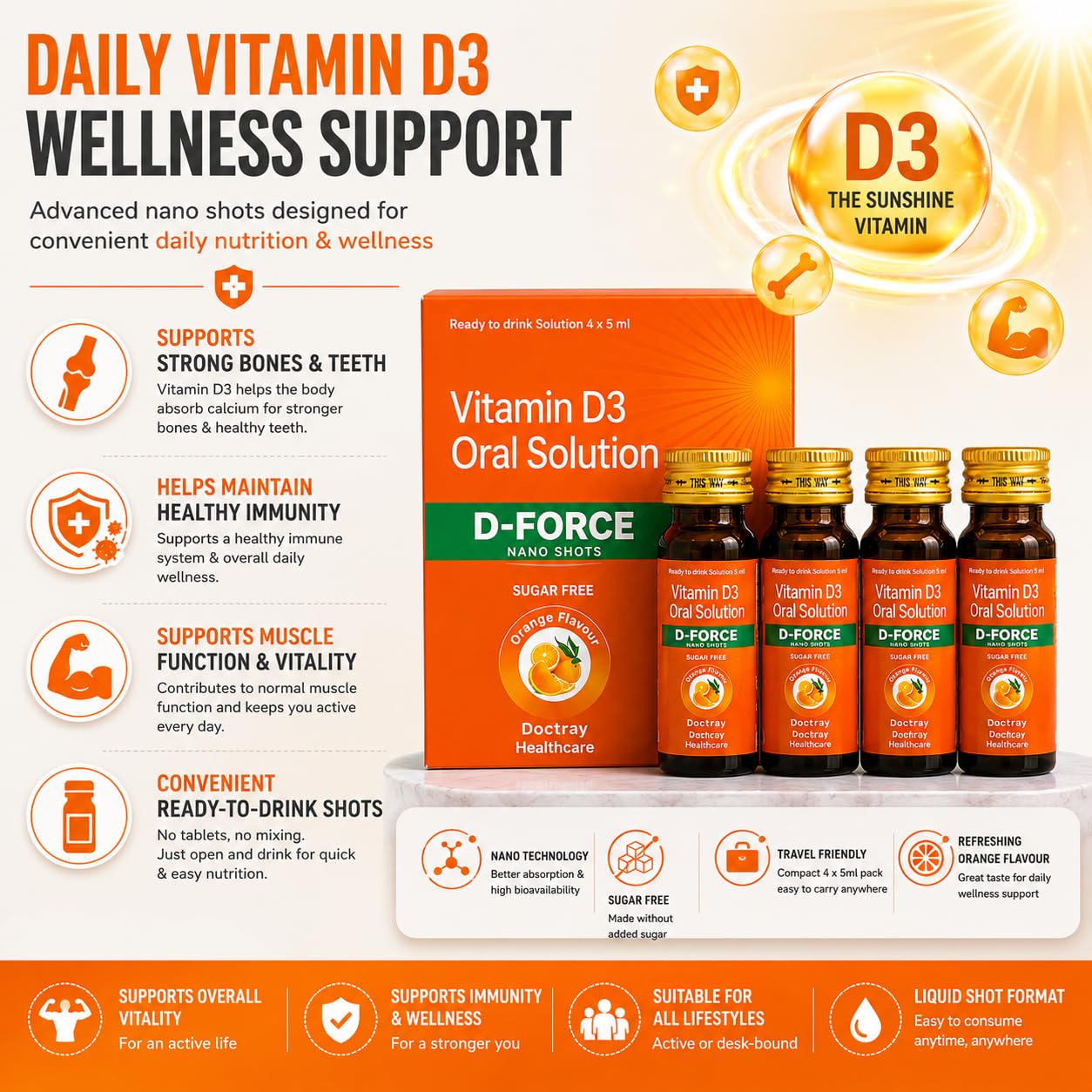 Docttray Healthcare D-Force Vitamin D3 Oral Solution Nano Shots, 4 x 5 ml | Sugar Free Orange Flavour Ready-to-Drink Liquid Nutritional Supplement - Pack of 1