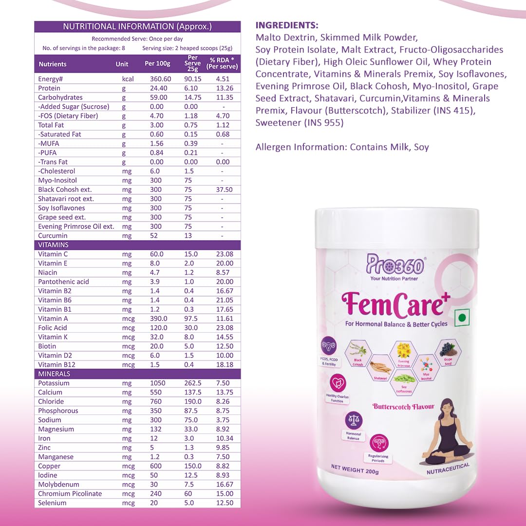 Pro360 FemCare+ PCOS PCOD Nutritional Supplement Powder for Hormonal Balance, Better Cycles, Supports Normal Ovulation in Women Wellness - Butterscotch Flavor 200gm