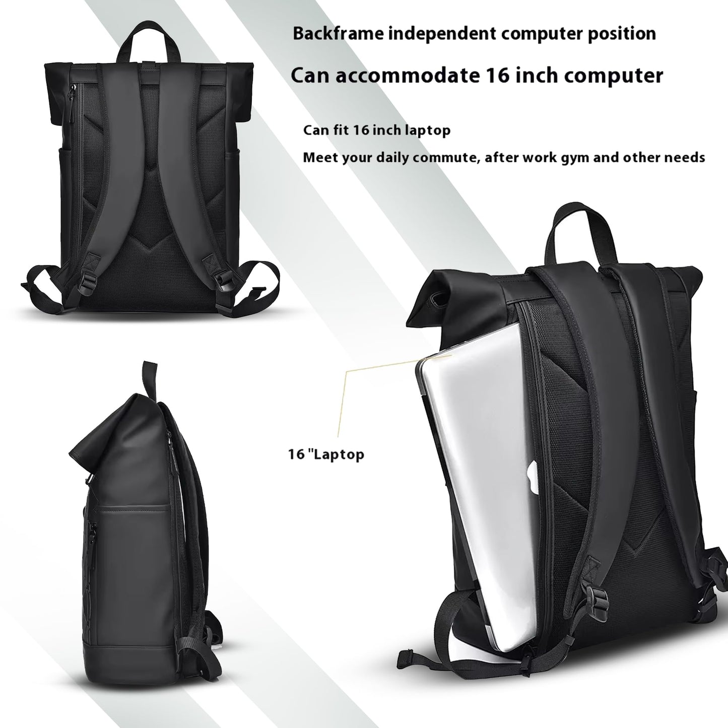REDHORNS 30L Waterproof 15.6-inch Laptop Roll Top Backpack for Men and Women, Unisex PU Leather Laptop Bag for Office, School, College, Business Bag with Multiple Compartments (Black)