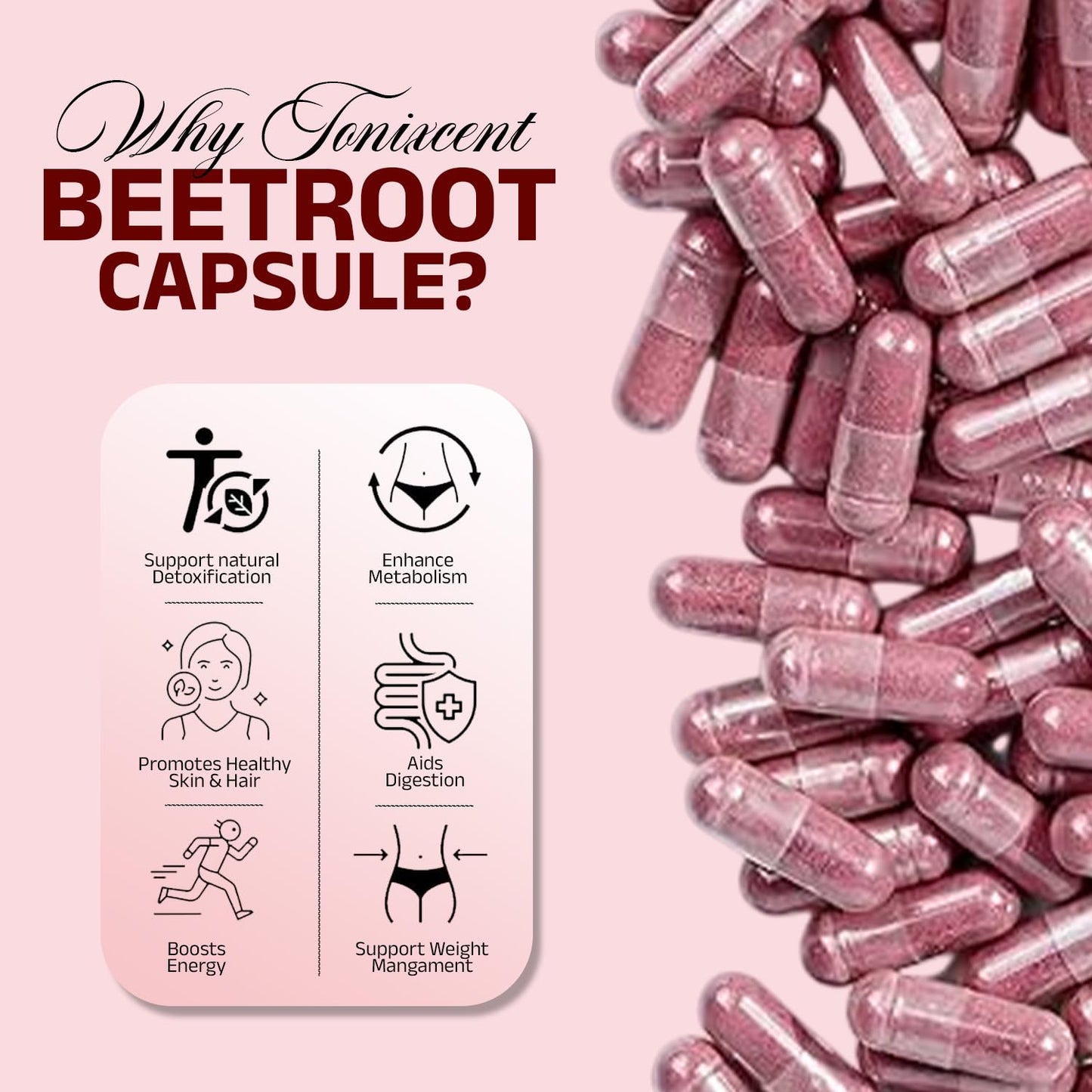 TONIXCENT Plant-Based Beetroot Capsules | 1000mg per Serving | Boosts Stamina & Heart Health | Rich in Antioxidants & Nitrates | Vegan, Non-GMO, Preservative-Free | 60 Capsules