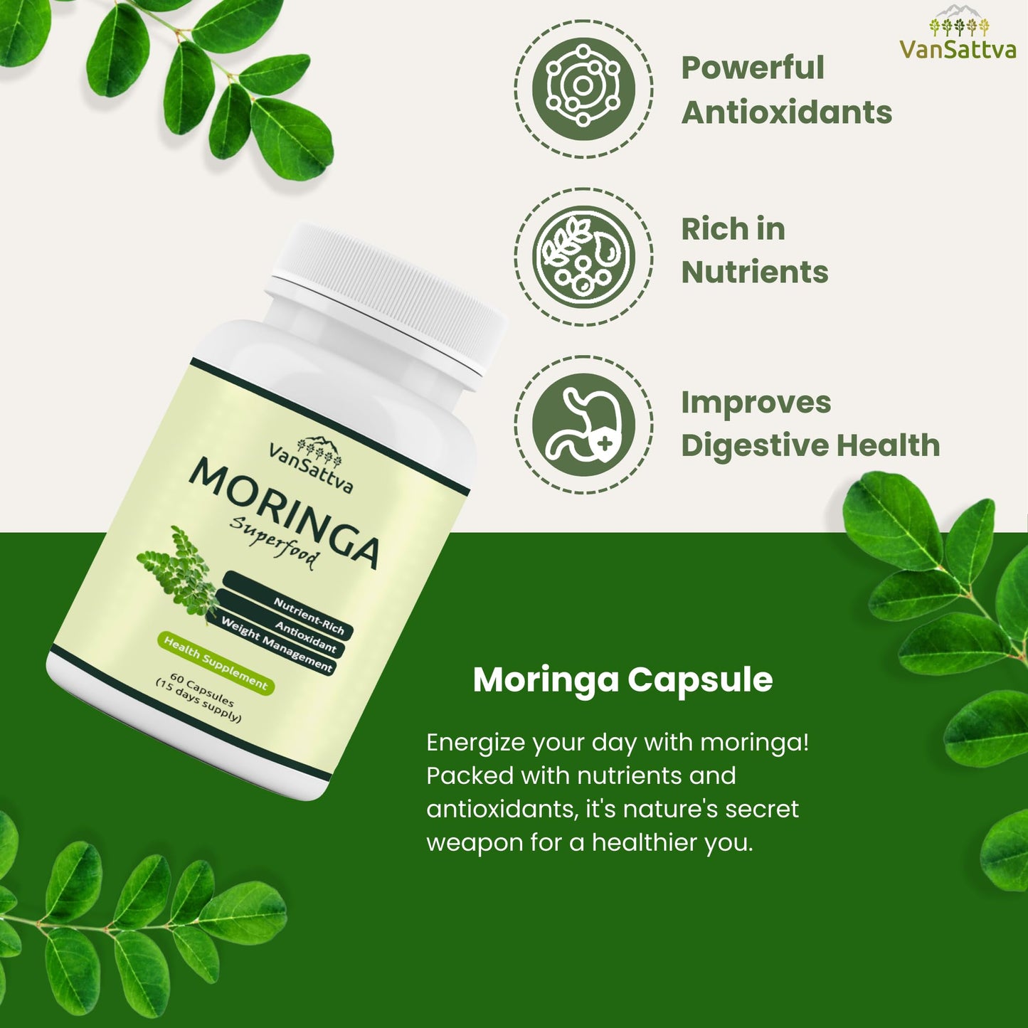 Vansattva Moringa Oleifera Capsules – Natural Leaf Powder Supplement | Plant-Based | 60 Veg Capsules