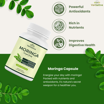 Vansattva Moringa Oleifera Capsules – Natural Leaf Powder Supplement | Plant-Based | 60 Veg Capsules