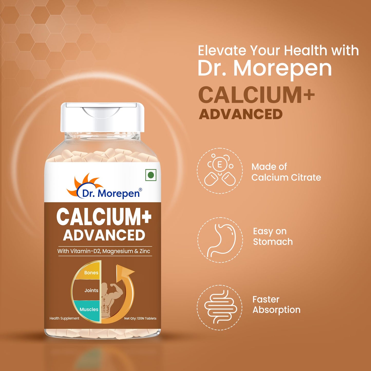 Dr. Morepen Calcium+ Advanced Tabs with Vitamin - D2, Magnesium & Zinc - 120 Veg Tablets for Women & Men Calcium & Vitamin D Tablets to support Strong Bones, Joints & Muscles