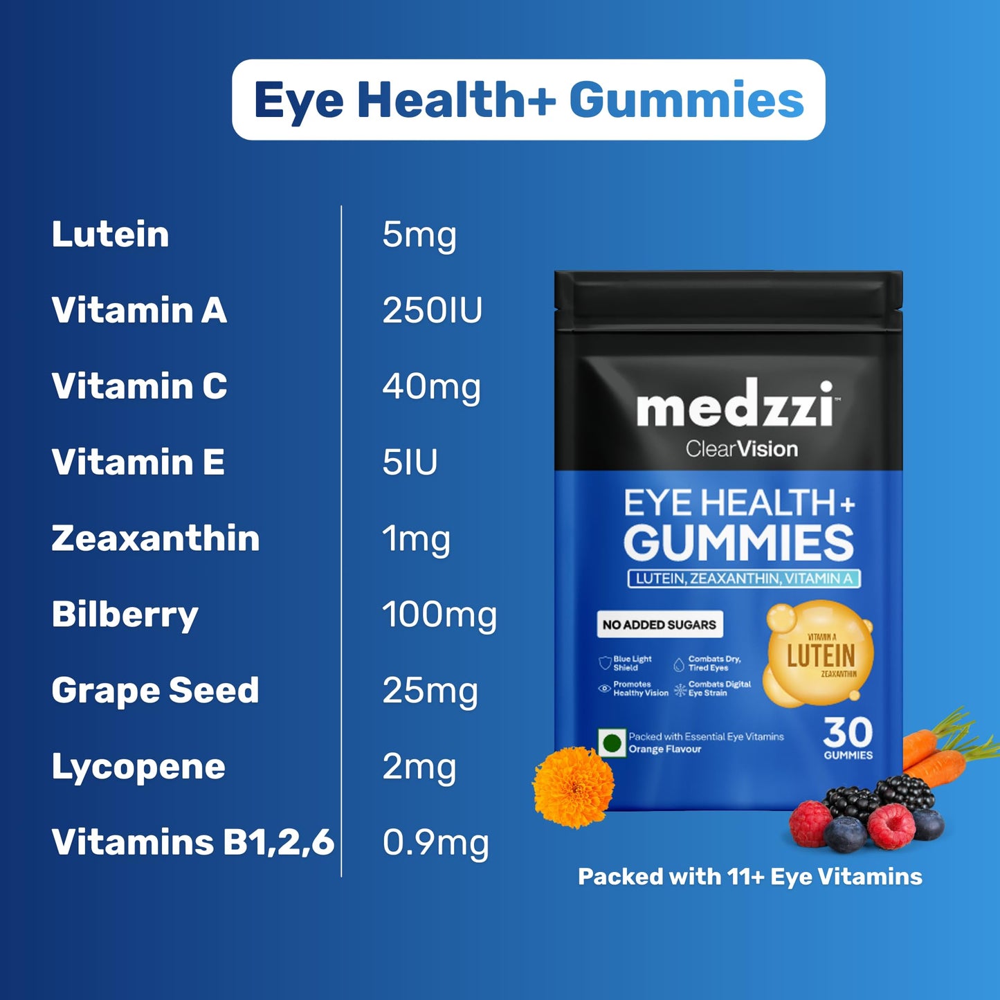Medzzi Clear Vision Eye Health+ Gummies | Lutein & Zeaxanthin Gummies for Eyes | With Bilberry, Lycopene & Vitamins A, C, E | Reduces Digital Strain and Fatigue from High Screen Time | Orange Flavour | 30 Veg Gummies