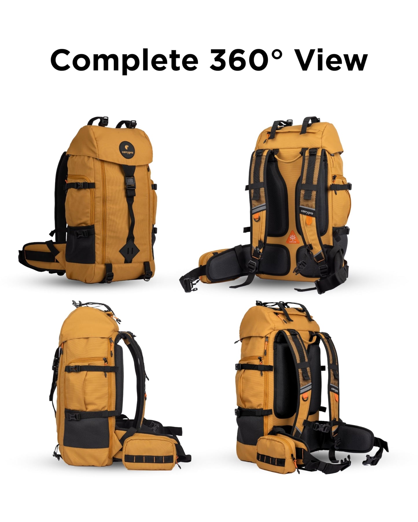 CarryPro HOBO40 v2.0– 40L Functional Travel Backpack for Men & Women, Camping, Biking, Trip, Trekking Bag, Fits 15.6” Laptop, Water-Resistant with Rain Cover, Travel Pouch, 2-Year Warranty(GoldenGlow)