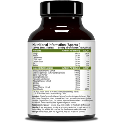 End2End Nutrition Testo-10X Natural Testosterone Booster for Men with Tribulus, L-Arginine, Ashwagandha and Safed Musli for Strength, Stamina, Energy and Muscle Gain – (Pack of 3) 30x3 Tablets