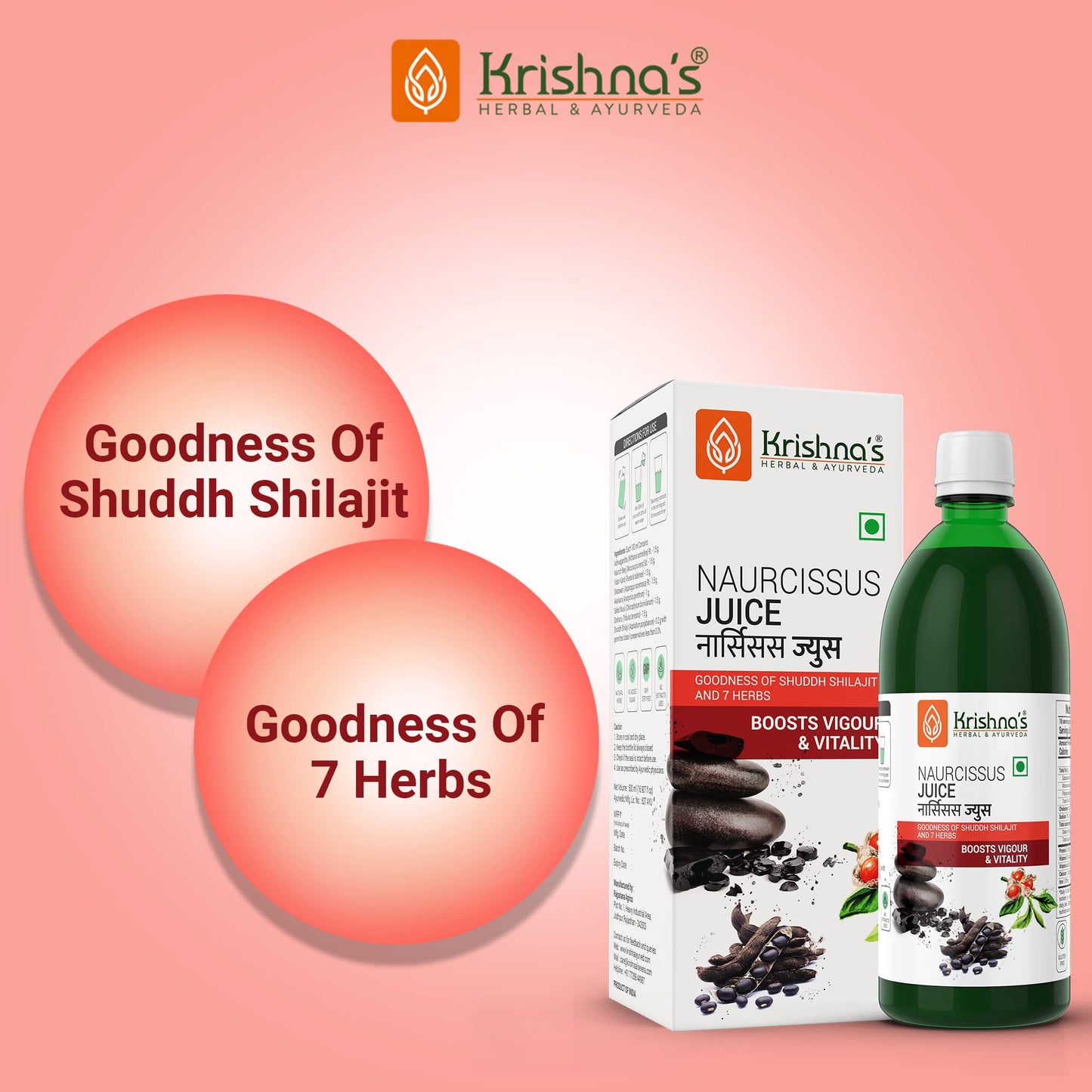 Krishna's Naurcissus Juice - 1000 ml | Ayurvedic ingredients Ashwagandha, Kaunch Beej, Vidari Kand, Shatawari, Akarkara, Safed Musli, Gokhru Etc | Helps in boosting Stamina - (Pack of 2)