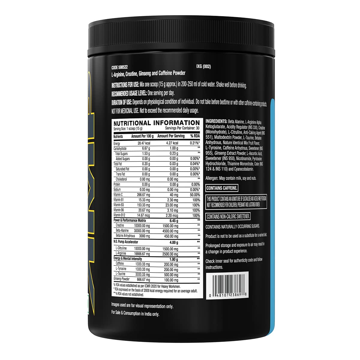GNC AMP Gold Series Ultra Rush Pre-Workout | 450 gm | 30 Servings | Maximum Energy & Stamina | Deep Mental Focus | Powerful Muscle Pump | 4.5g Beta-Alanine | 1.5g L-Citrulline | 2.5g L-Arginine | Fruit Punch