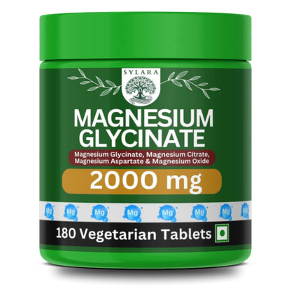 SYLARA Chelated Magnesium Glycinate 2000 mg - 180 Tablets/Capsules Supplement - 100% RDA (Magnesium Glycinate, Citrate, Aspartate Complex)