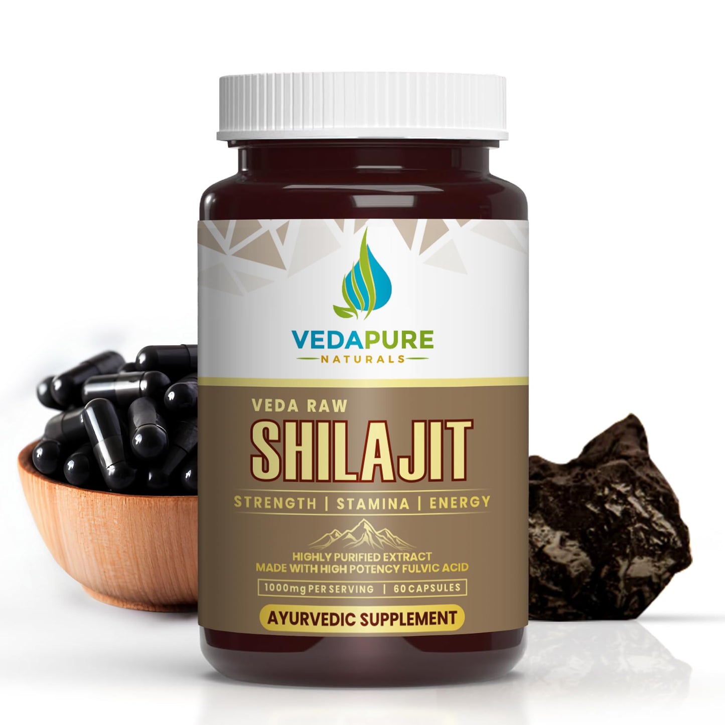 VEDAPURE Shilajit | Raw Shilajit Capsules with Gokhru (Tribulus Terrestris) | Original Gold Shilajit Capsules for Men & Women to built Strength & Stamina | Lab Tested Shilajit-60 Capsules (1)