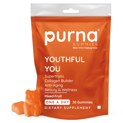 gummies purna Superfruits Collagen Gummies Mixed Fruit Flavor, with Vitamin A,Vitamin C, Vitamin E, and Zinc, for Healthy Hair, and Helps Relieve Hairfall, 30 Days Pack