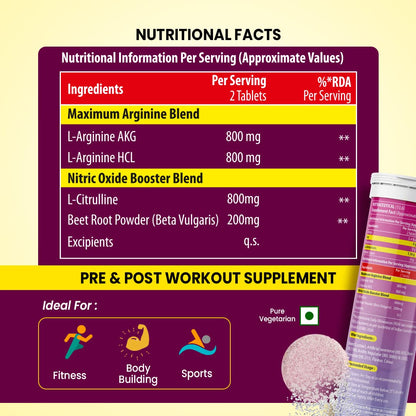 Naturyz L-Arginine Max 2600 Effervescent Tablets|Boosts Stamina|Increases Blood Flow|Improves Performance|Pre-workout Supplement 20 capsules (Orange Flavour), 3 count,