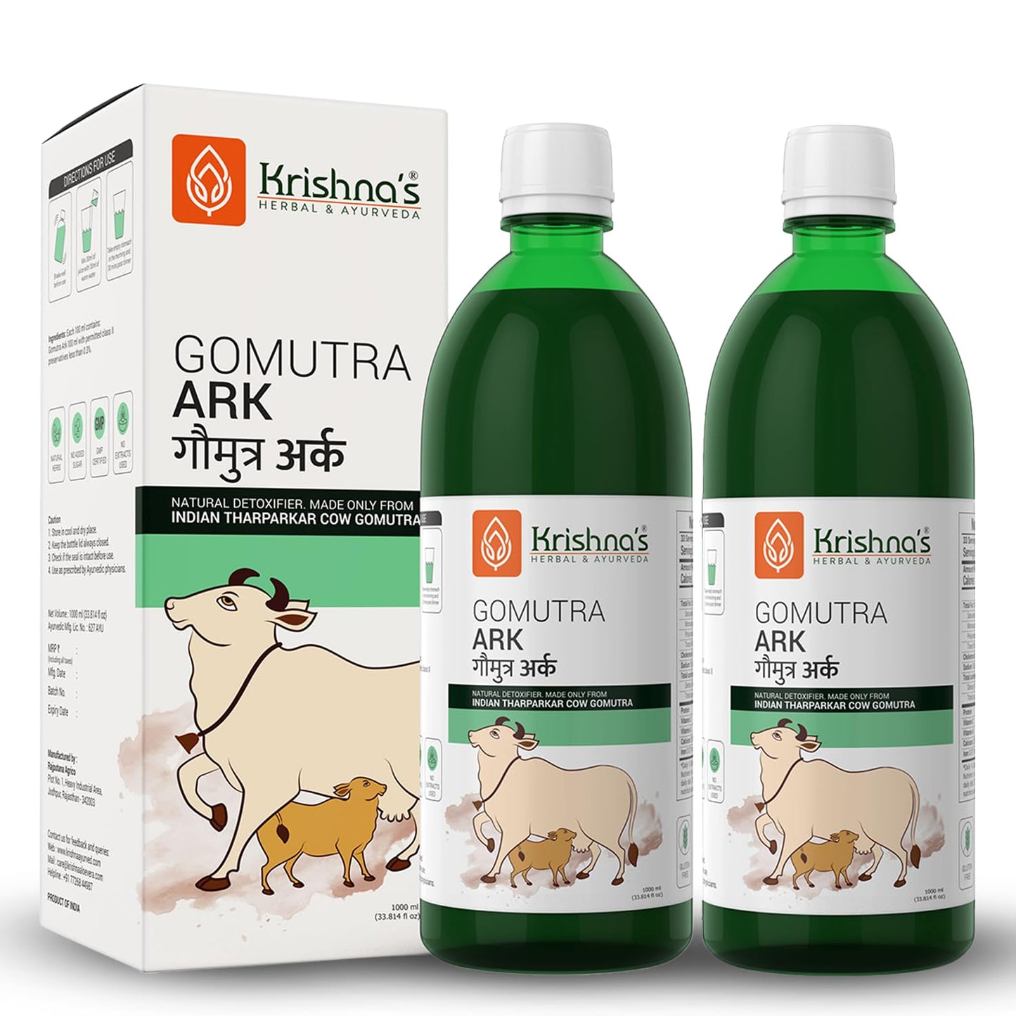 Krishna's Gomutra Ark | Natural detoxifier| 100% Pure & Natural Go Ark| Indian Tharparakar Gomutra | Sugar free Juice with No Added Color or Flavour - 1000 ml (Pack of 2)