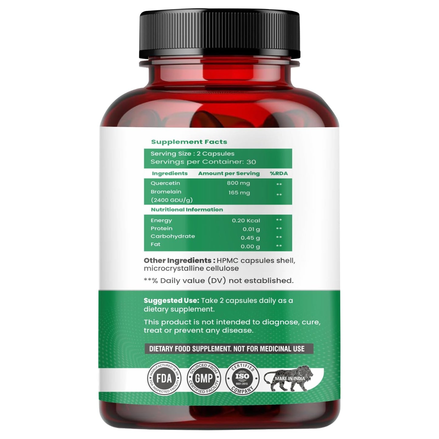 Raskam Quercetin with Bromelain Capsules | Immune & Respiratory Support | Powerful Antioxidant Formula | Promotes Cardiovascular & Joint Wellness | 60 Veg Capsules