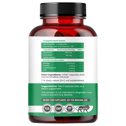 Raskam Quercetin with Bromelain Capsules | Immune & Respiratory Support | Powerful Antioxidant Formula | Promotes Cardiovascular & Joint Wellness | 60 Veg Capsules