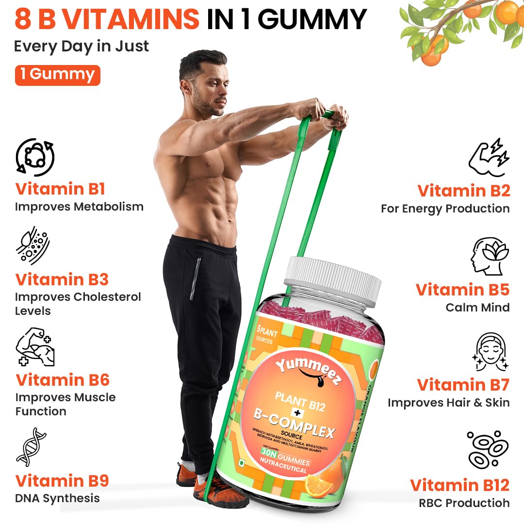 NATURYZ Plant-Based Vitamin B12 + B Complex Multivitamin Gummies for Vegetarians | Natural Energy, Better Mood & Metabolism Support | Fortified with Spinach, Moringa & Beetroot | Enhanced Absorption & Bioavailability | No Gelatin, No Added Sugar- 30 gummi
