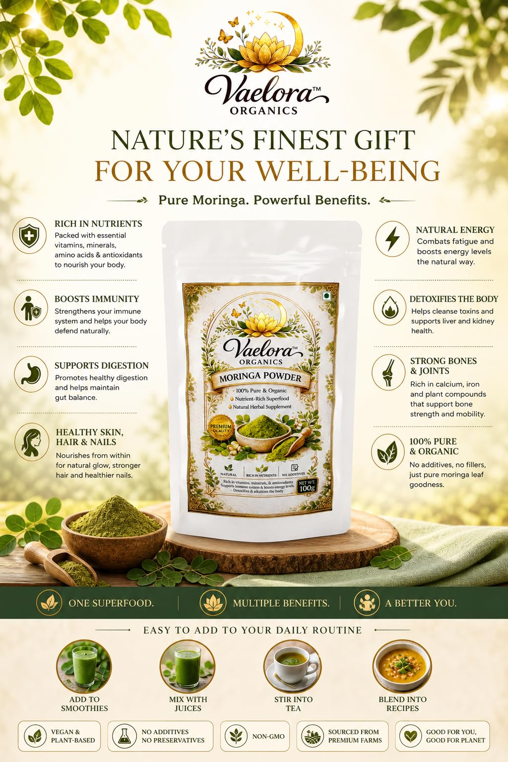 Vaelora Organics Moringa Powder + Arjun Chhal Powder + Triphala Powder Combo (100g Each) | 100% Pure & Natural Ayurvedic Herbal Supplements | For Heart Health, Digestion & Immunity | No Additives