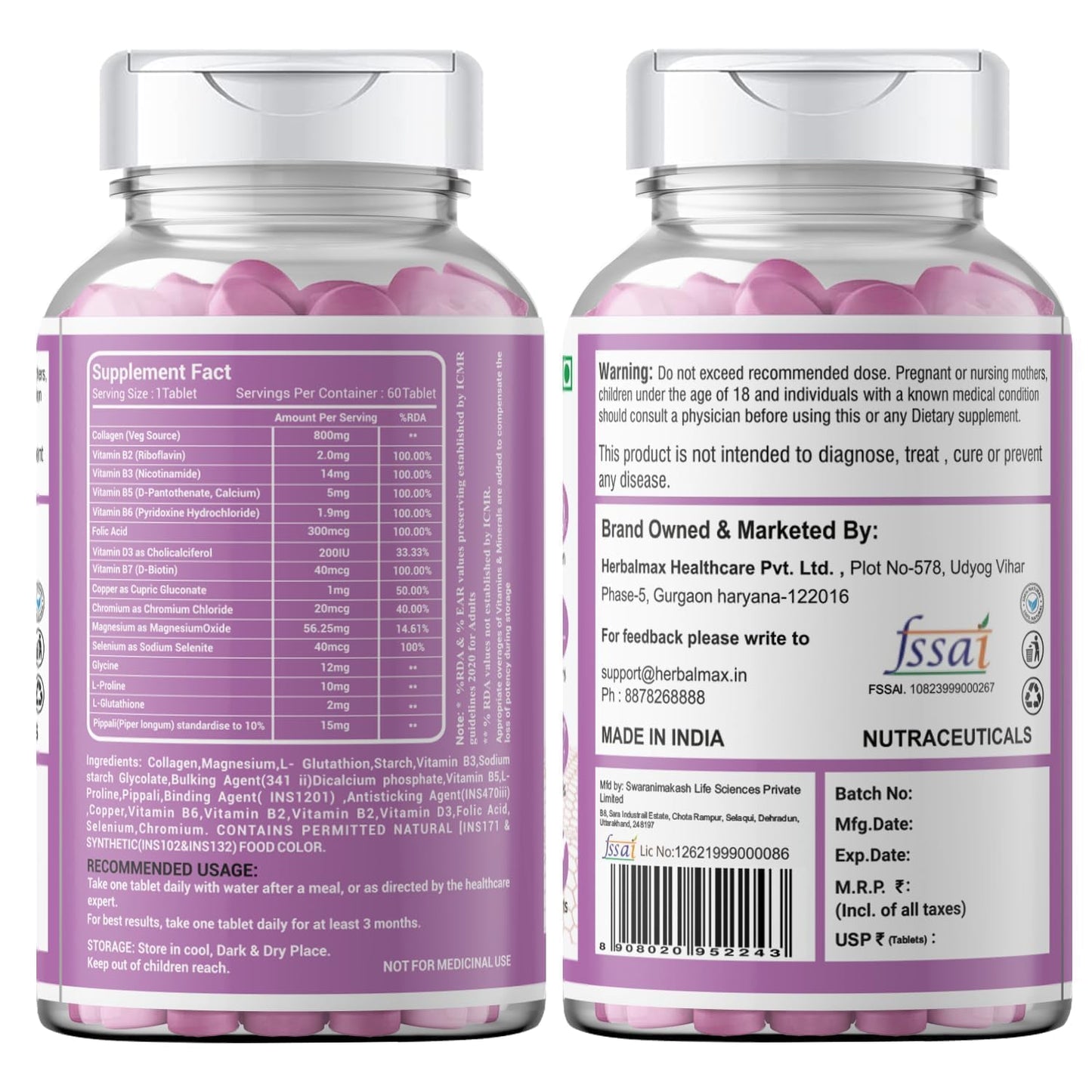 Herbal Max Collagen & Glutathione Combo | With Vitamin C & Peptides | Supports Anti-Aging, Skin Clarity, Collagen Boost, Joint & Bone Health, Antioxidant Protection 120 Tablets (60+60)