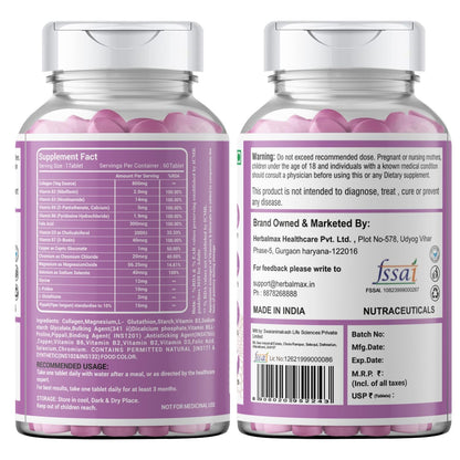 Herbal Max Collagen & Glutathione Combo | With Vitamin C & Peptides | Supports Anti-Aging, Skin Clarity, Collagen Boost, Joint & Bone Health, Antioxidant Protection 120 Tablets (60+60)