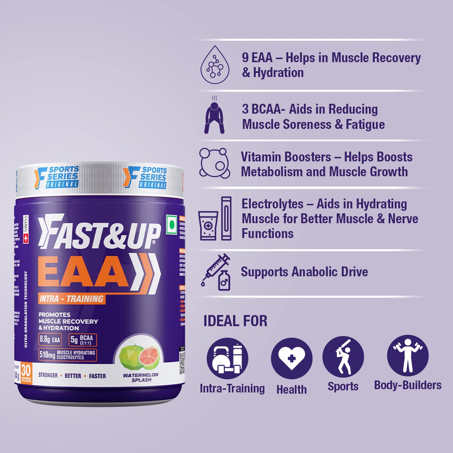 FAST&UP EAA Intra - Training/Workout drink (EAAx9) with BCAA+Electrolyte Blend+Vitamin Booster helps provide Muscle Recovery All 9 Essential Amino Acid- 30 servings (Watermelon Splash), Purple,Powder