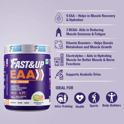 FAST&UP EAA Intra - Training/Workout drink (EAAx9) with BCAA+Electrolyte Blend+Vitamin Booster helps provide Muscle Recovery All 9 Essential Amino Acid- 30 servings (Watermelon Splash), Purple,Powder