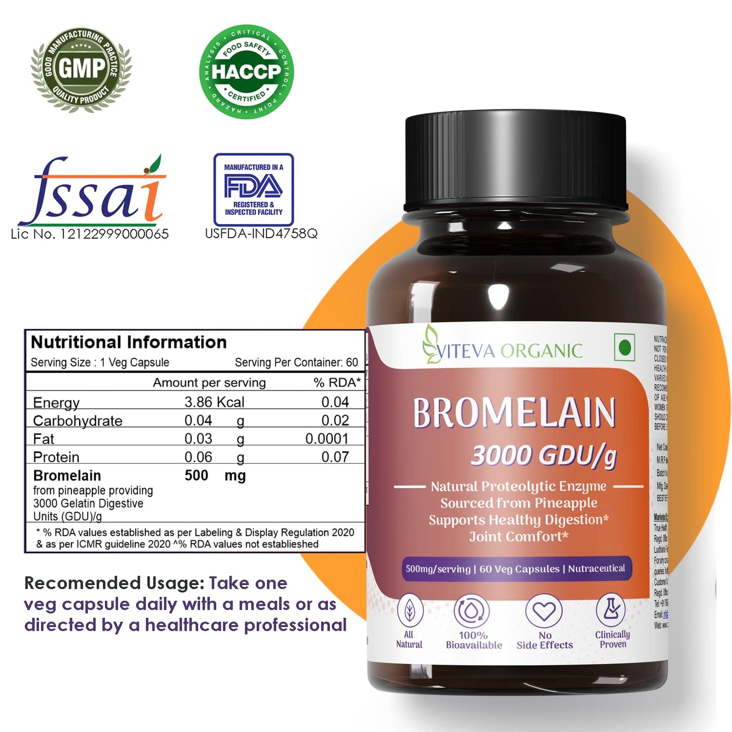 Viteva Organic High Potency Bromelain Digestive Enzyme 3000 GDU/g - 500mg - 60 Veg Capsules | Derived from Pineapple | Anti-inflammatory, Supports Joints Comfort and Healthy Digestion