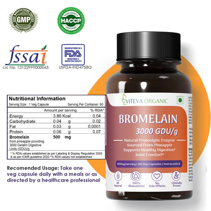 Viteva Organic High Potency Bromelain Digestive Enzyme 3000 GDU/g - 500mg - 60 Veg Capsules | Derived from Pineapple | Anti-inflammatory, Supports Joints Comfort and Healthy Digestion