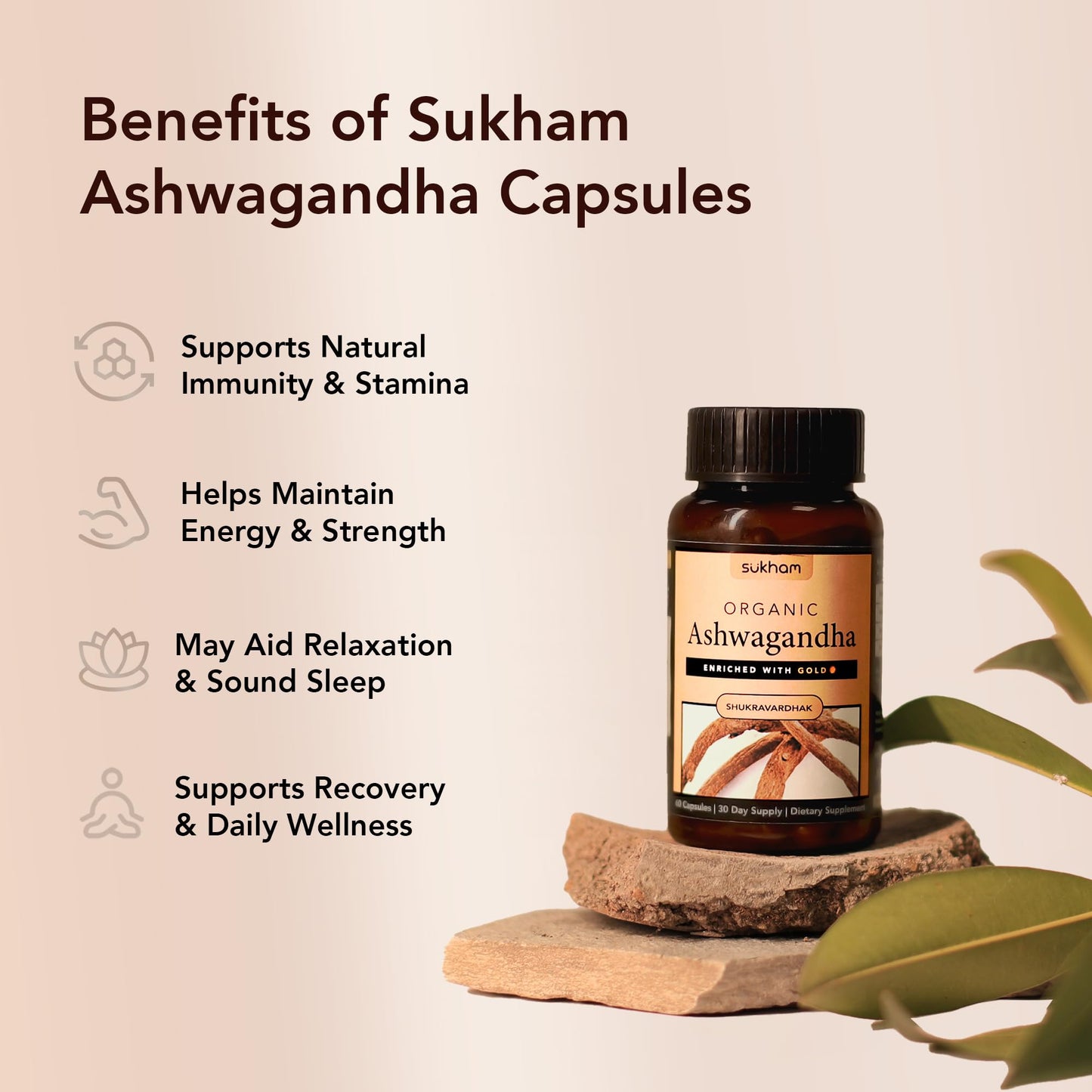 Sukham Ashwagandha Capsules | Processed using TTT-120 | 500 mg - 60 Capsules | Benefits include sound sleep, relaxed lifestyle, better immunity & recovery | For Both Men & Women
