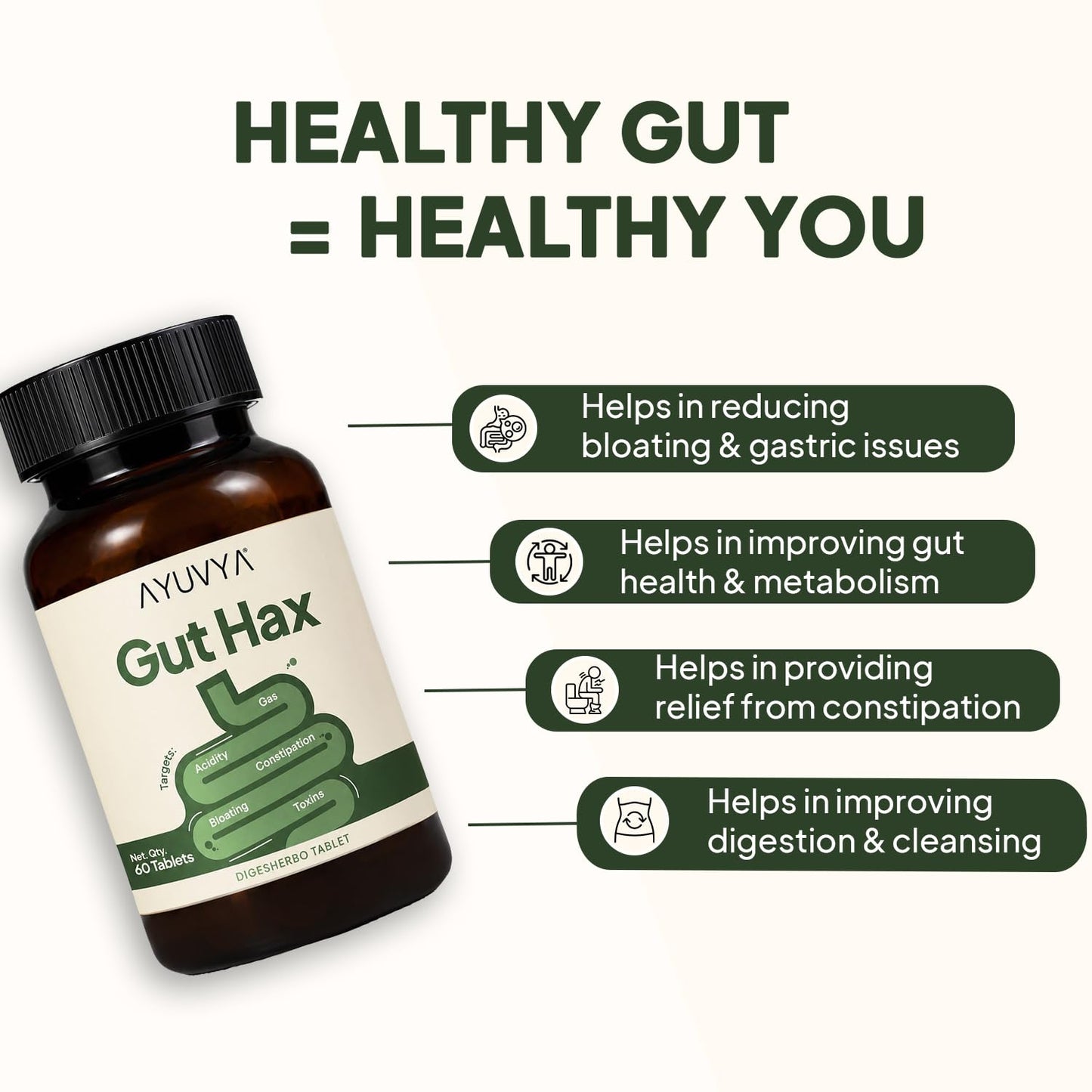 Auvya Gut Hax Ayurvedic Tablets for Gas, Acidity, Bloating & Constipation – 60 Ayurvedic Tablets