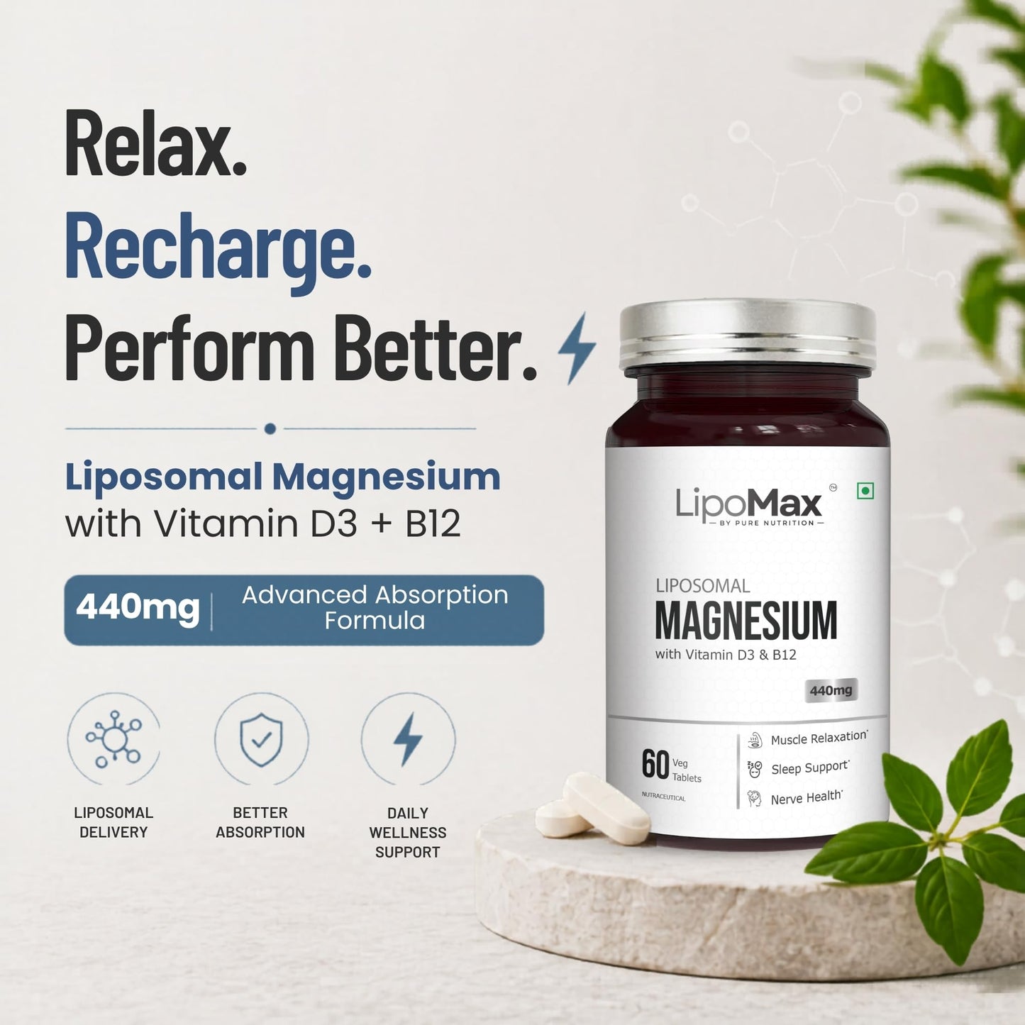 LipoMax Liposomal Magnesium Glycinate Supplement 440mg With Vitamin D3 & B12 | Magnesium Tablets For Muscle Relaxation, Sleep Support & Nerve Health - 60 Veg Tablets