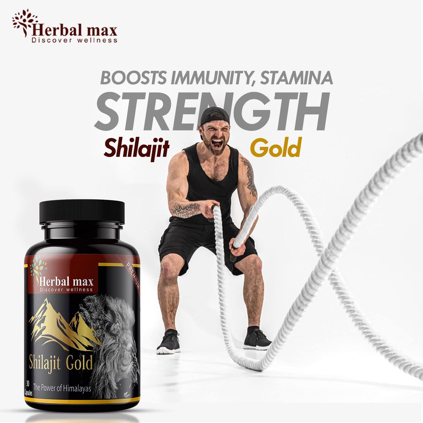 Herbal Max Himalayan Shilajit Gold – 800mg | 30 Capsules | With Ashwagandha, Safed Musli & More | Boosts Strength, Stamina, Energy & Immunity | Ayurvedic Supplement for Men