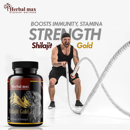 Herbal Max Himalayan Shilajit Gold – 800mg | 30 Capsules | With Ashwagandha, Safed Musli & More | Boosts Strength, Stamina, Energy & Immunity | Ayurvedic Supplement for Men