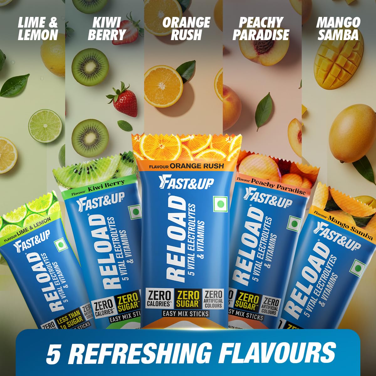Fast&Up Reload Electrolytes Powder Sachets | Zero Added Sugar Hydration Drink with 5 Essential Electrolytes Vitamin C & B12 | Summer Heat, Workout Recovery, Travel & Wellness | Orange Rush, Pack of 15 Sachets