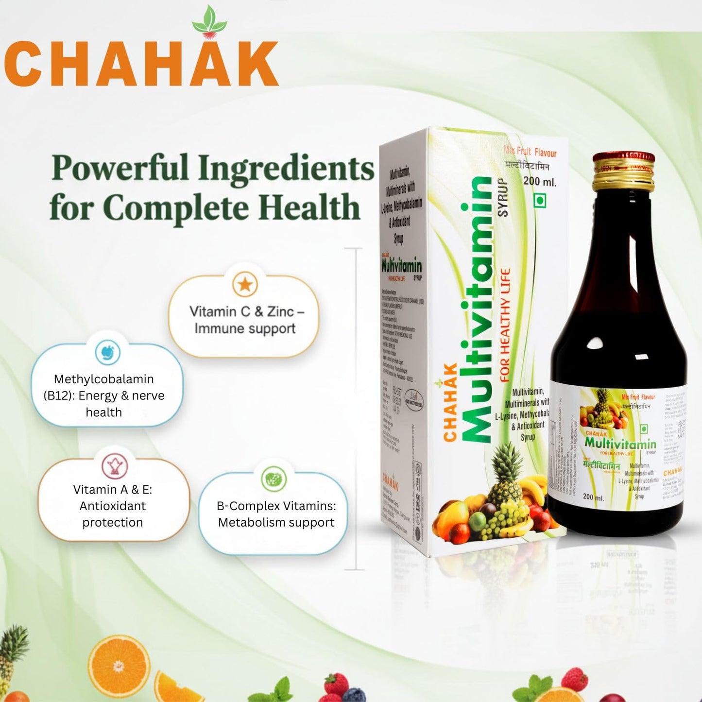 CHAHAK Multivitamin Syrup 200 ml (Pack of 2) | Multivitamin & Multimineral with L-Lysine, Methylcobalamin & Antioxidants | Mixed Fruit Flavour | Daily Nutritional Supplement for Adults