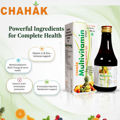 CHAHAK Multivitamin Syrup 200 ml (Pack of 2) | Multivitamin & Multimineral with L-Lysine, Methylcobalamin & Antioxidants | Mixed Fruit Flavour | Daily Nutritional Supplement for Adults