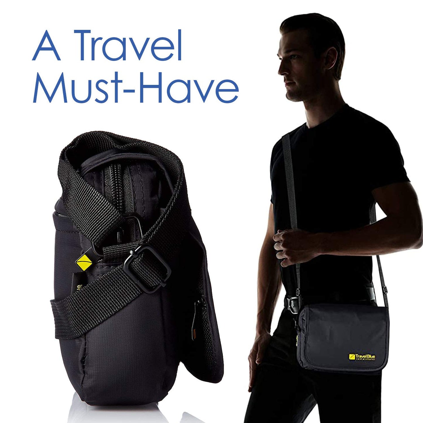Travel Blue Nylon City Sling Pouch for Men & Women | 4 Zipped Compartments | Adjustable Shoulder Strap | Water-Resistant Travel Crossbody Bag | Black