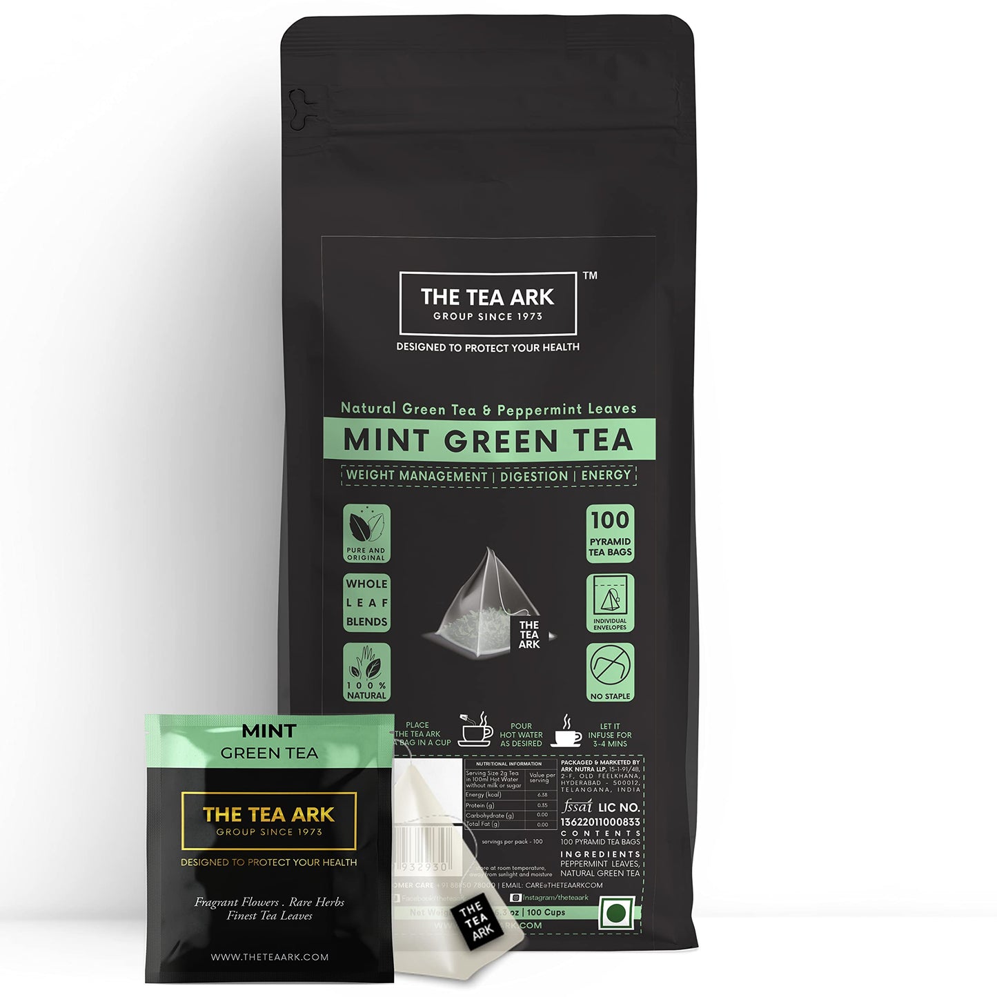 The Tea Ark Mint Green Tea Bags (100 Count) | Natural Herbal Whole Leaf Tea | Individually Wrapped Pyramid Tea Bags