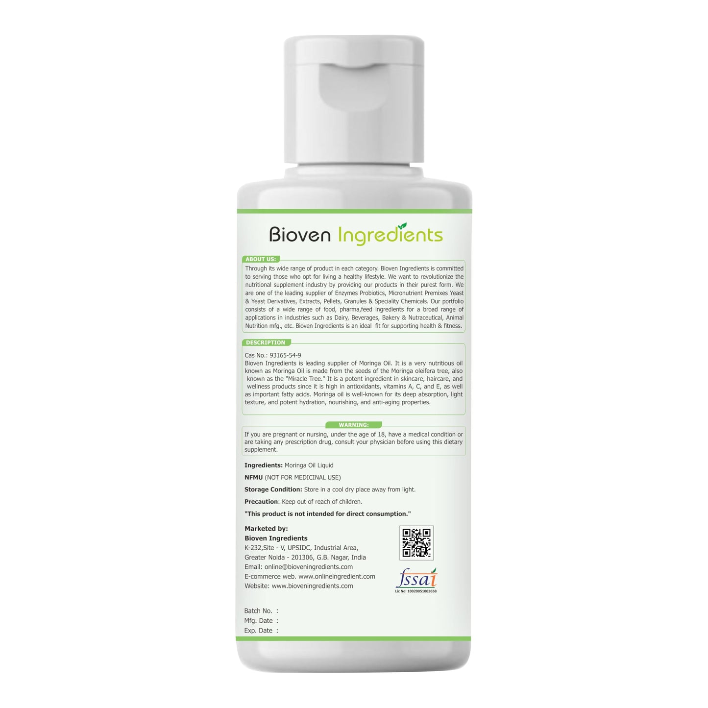 Moringa Oil | Premium Plant-Based Oil | Dietary Supplements, Fortified Foods & Nutritional Applications | Cosmetics, Personal Care & Hair Care | 125ml