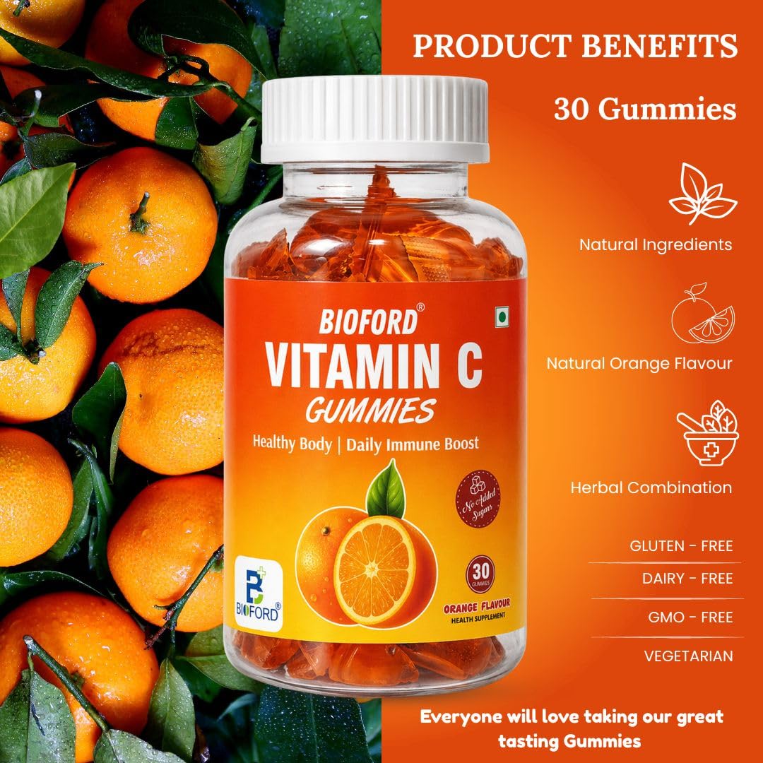 Bioford Vitamin C Gummies with Zinc for Daily Immunity Booster & Antioxidant Support Supplement | for Healthy Skin, Hair & Nails, Skincare | Orange Flavour Chewable Gummies, 30 Count Nutraceutical Immune Support